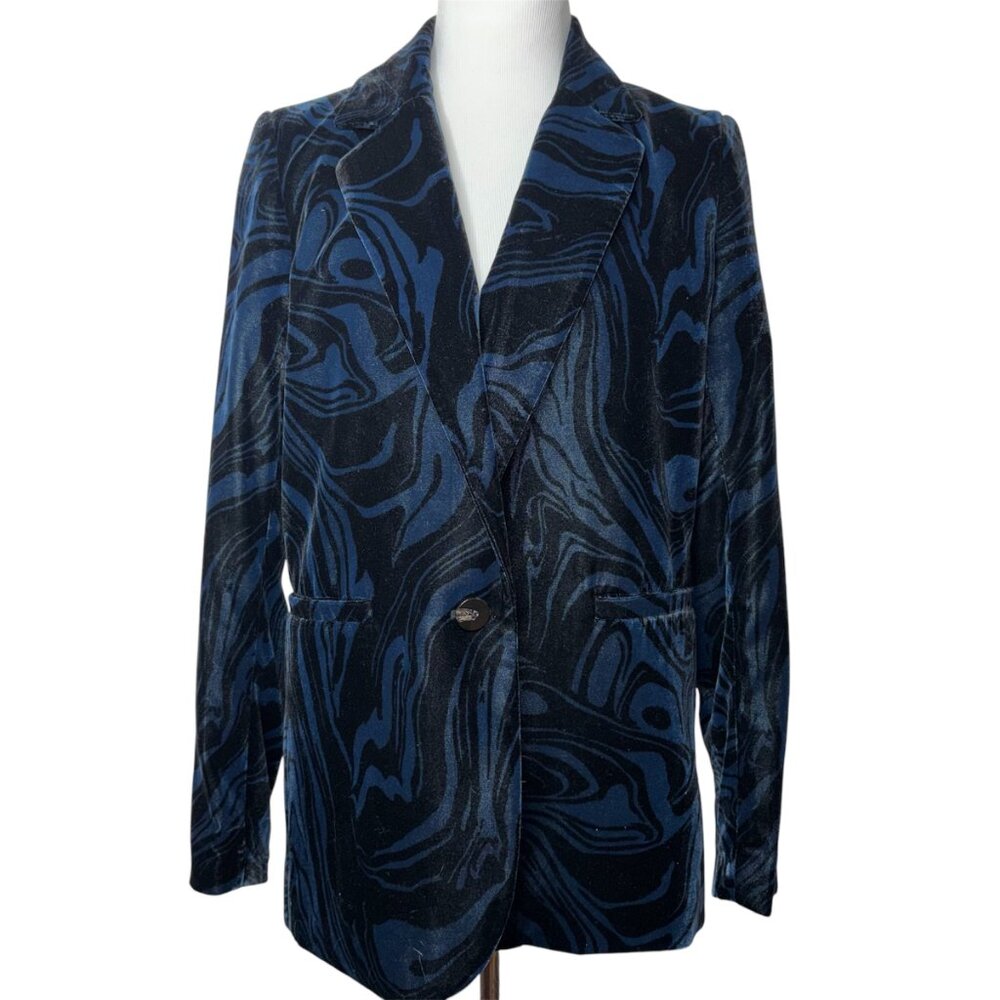 Ba&Sh Tuck Print Velvet Velour Blazer Jacket Size S Blue Black